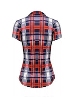 Plaid shirt with red, blue, and white pattern on a white background