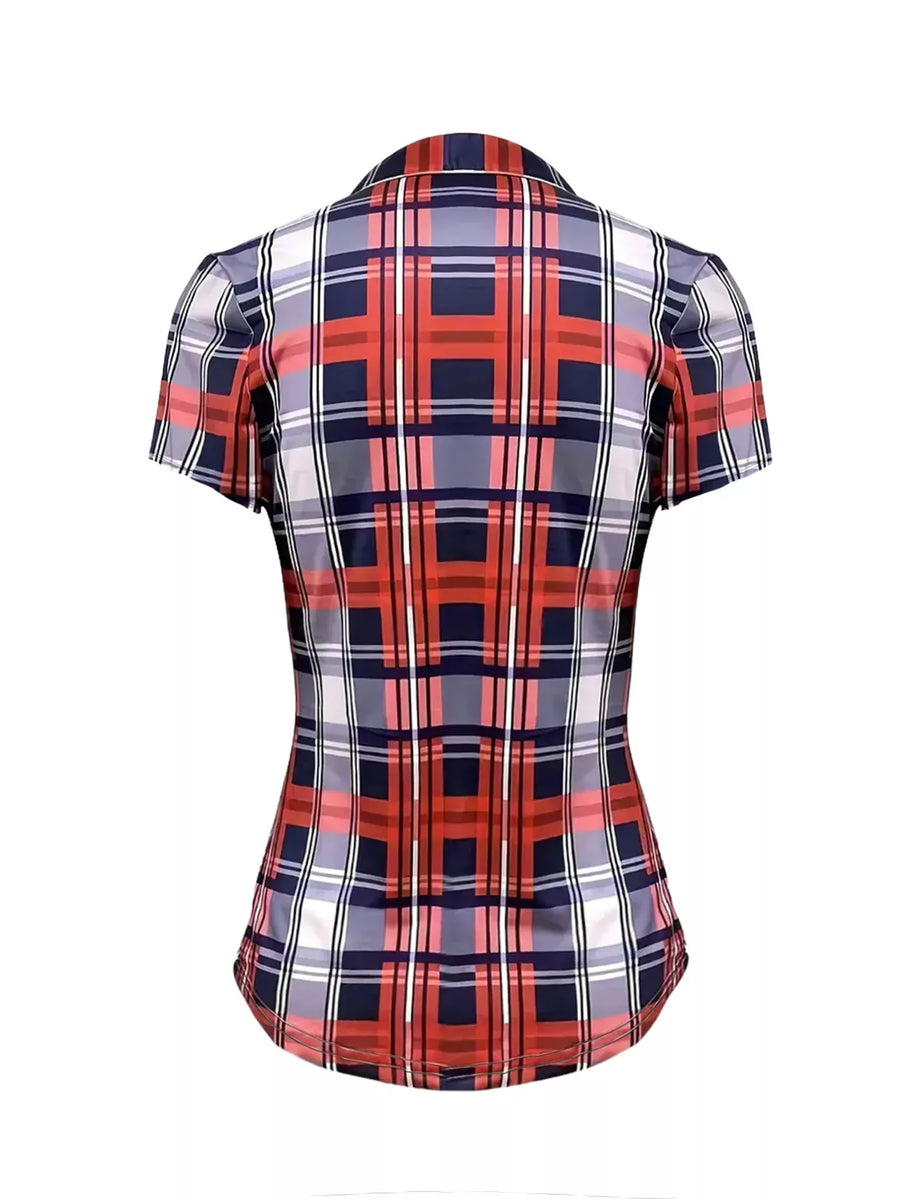 Plaid shirt with red, blue, and white pattern on a white background