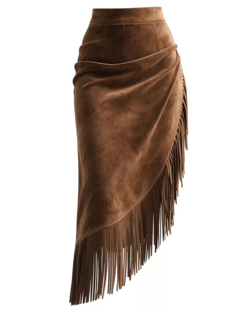 Brown suede skirt with fringe on a white background
