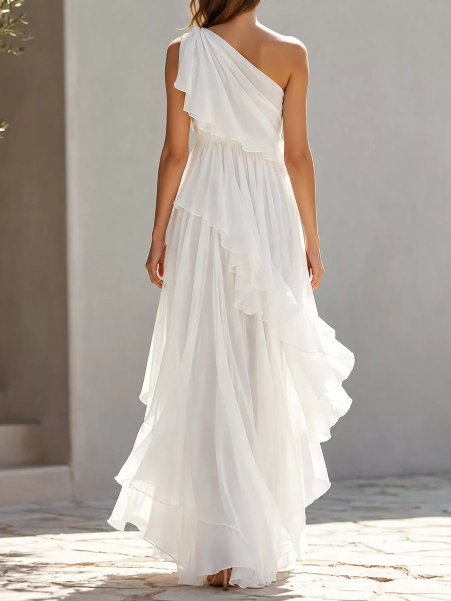 Modle showing the back of white One-Shoulder Ruffled Chiffon Maxi Dress