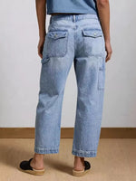 Person wearing light blue jeans on a plain background