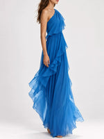 A side view of blue One-Shoulder Ruffled Chiffon Maxi Dress
