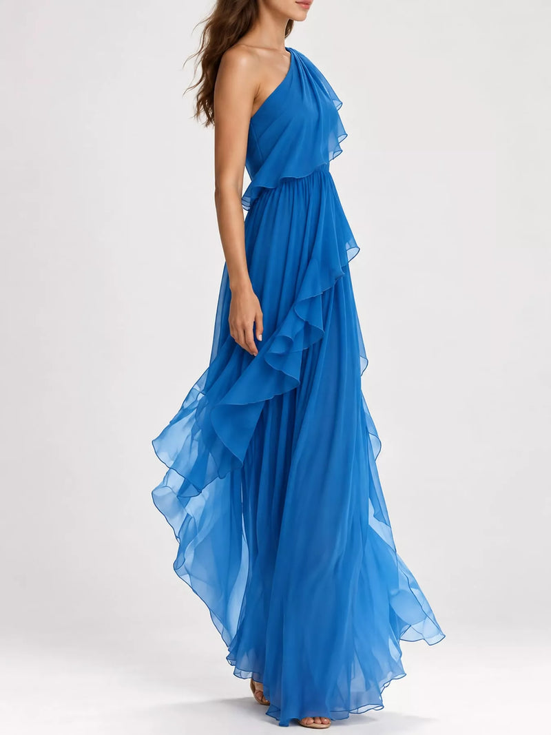 A side view of blue One-Shoulder Ruffled Chiffon Maxi Dress