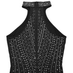 Black sleeveless top with silver embellishments on a white background