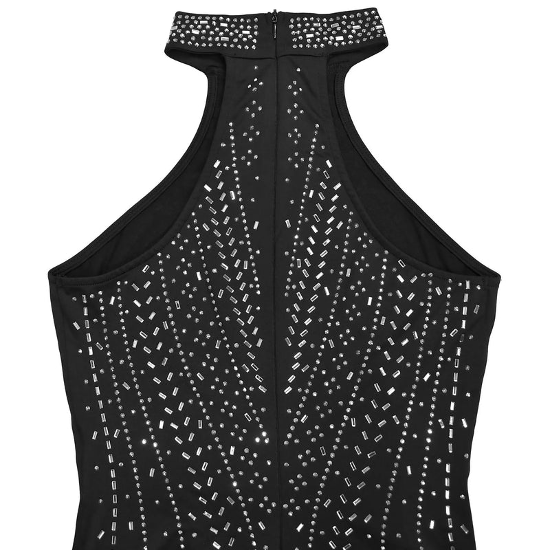 Black sleeveless top with silver embellishments on a white background