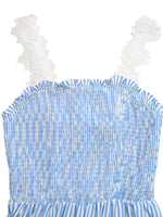 Blue and white striped dress with ruffled straps on a white background