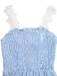 Blue and white striped dress with ruffled straps on a white background