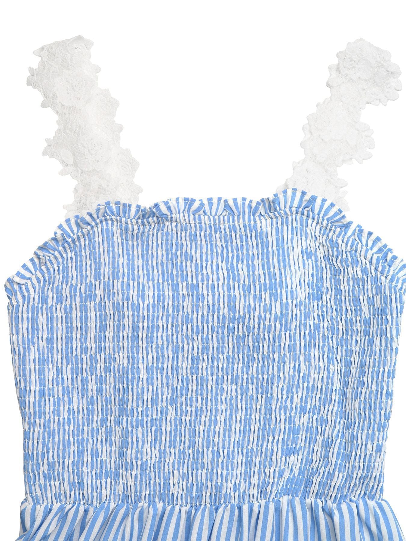 Blue and white striped dress with ruffled straps on a white background
