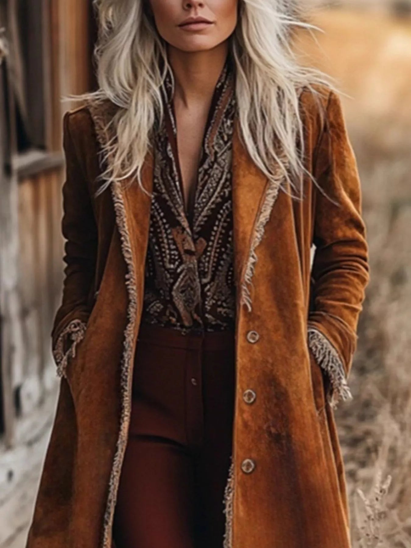 Person wearing a long brown coat with intricate patterns, standing outdoors.