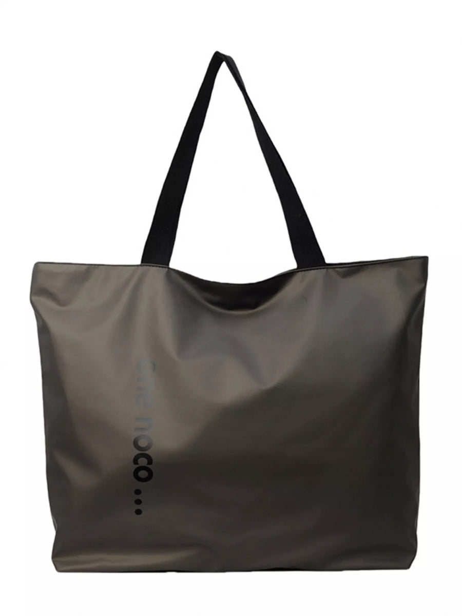 Gray tote bag with black handles on a white background
