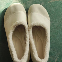 Pair of beige slippers with fuzzy lining on a green surface