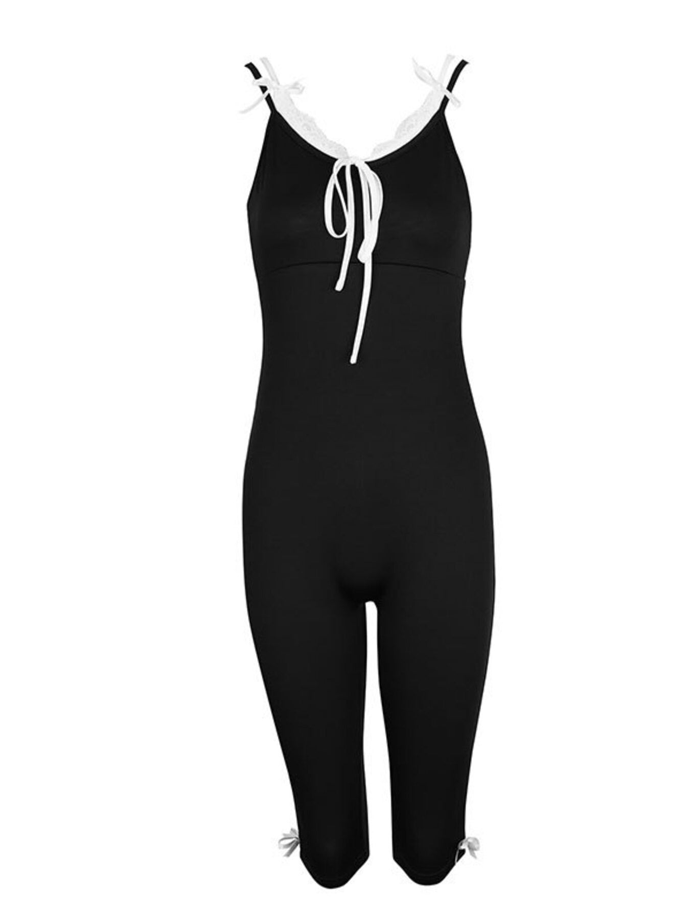 Black jumpsuit with white trim on a white background