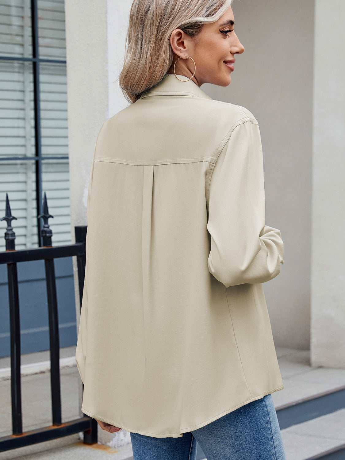 Back view of green Solid Color Collared Neck Long Sleeve Shirt