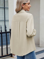 Back view of green Solid Color Collared Neck Long Sleeve Shirt