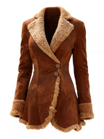 Brown suede coat with beige shearling trim on a white background