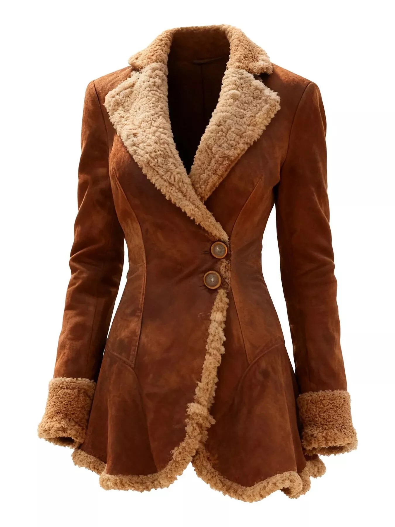 Brown suede coat with beige shearling trim on a white background