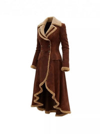 Brown coat with beige trim on a white background