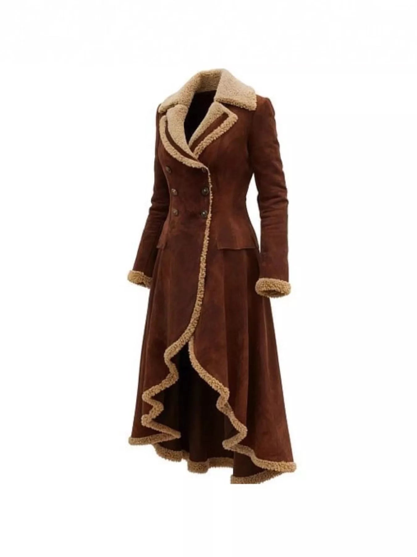Brown coat with beige trim on a white background