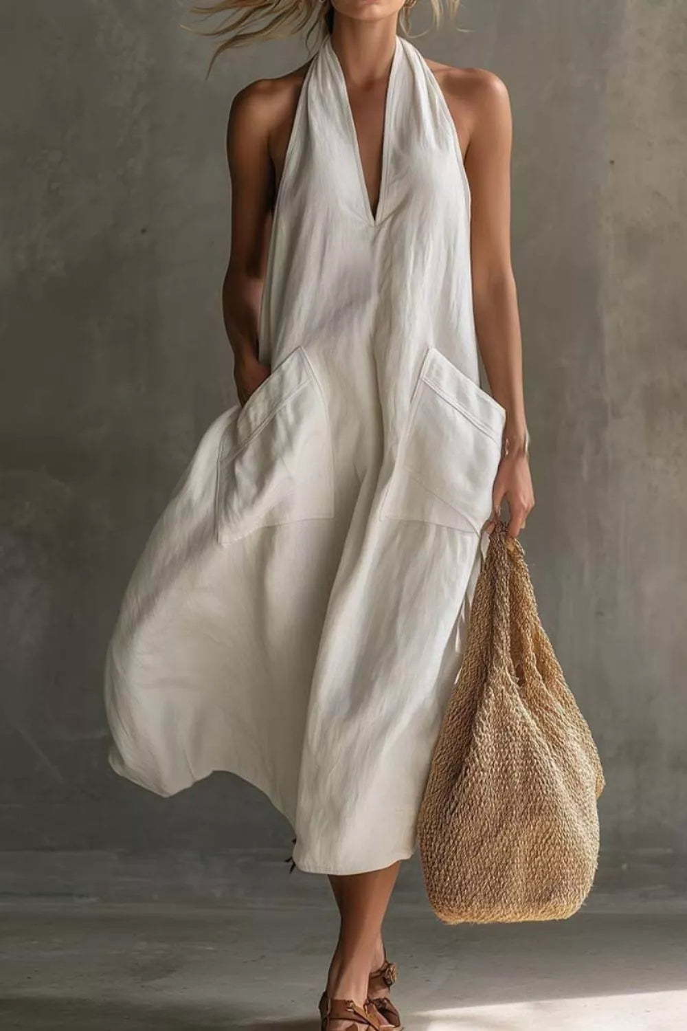 Woman wearing a white halter dress holding a woven bag against a neutral background