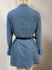 Blue denim dress on a mannequin with a plain background