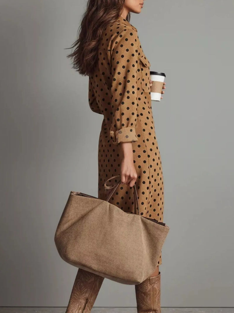 Side view of Polka Dot Button-Down Midi Dress 