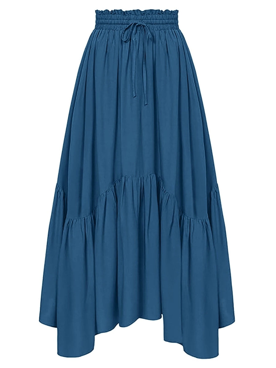 Front view of blue Smocked Waist Band Ruched Layered Skirt