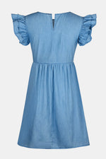 Blue denim dress with ruffled sleeves on a white background