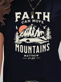 Black t-shirt with 'Faith Can Move Mountains' graphic and text