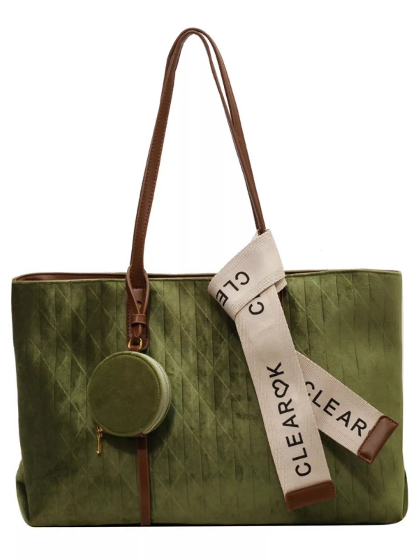 Green tote bag with brown handle and strap, featuring a CLEAR tag.