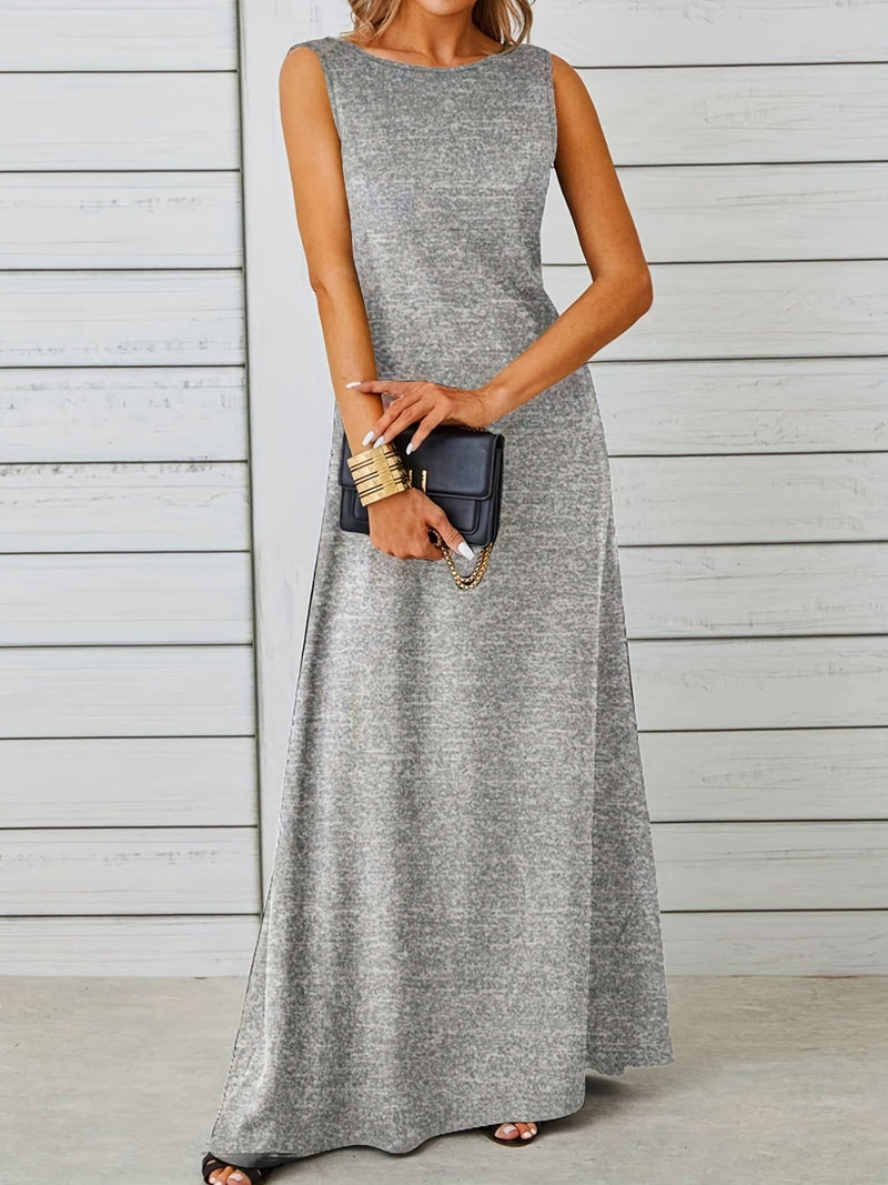 Woman wearing a gray sleeveless dress against a wooden wall.