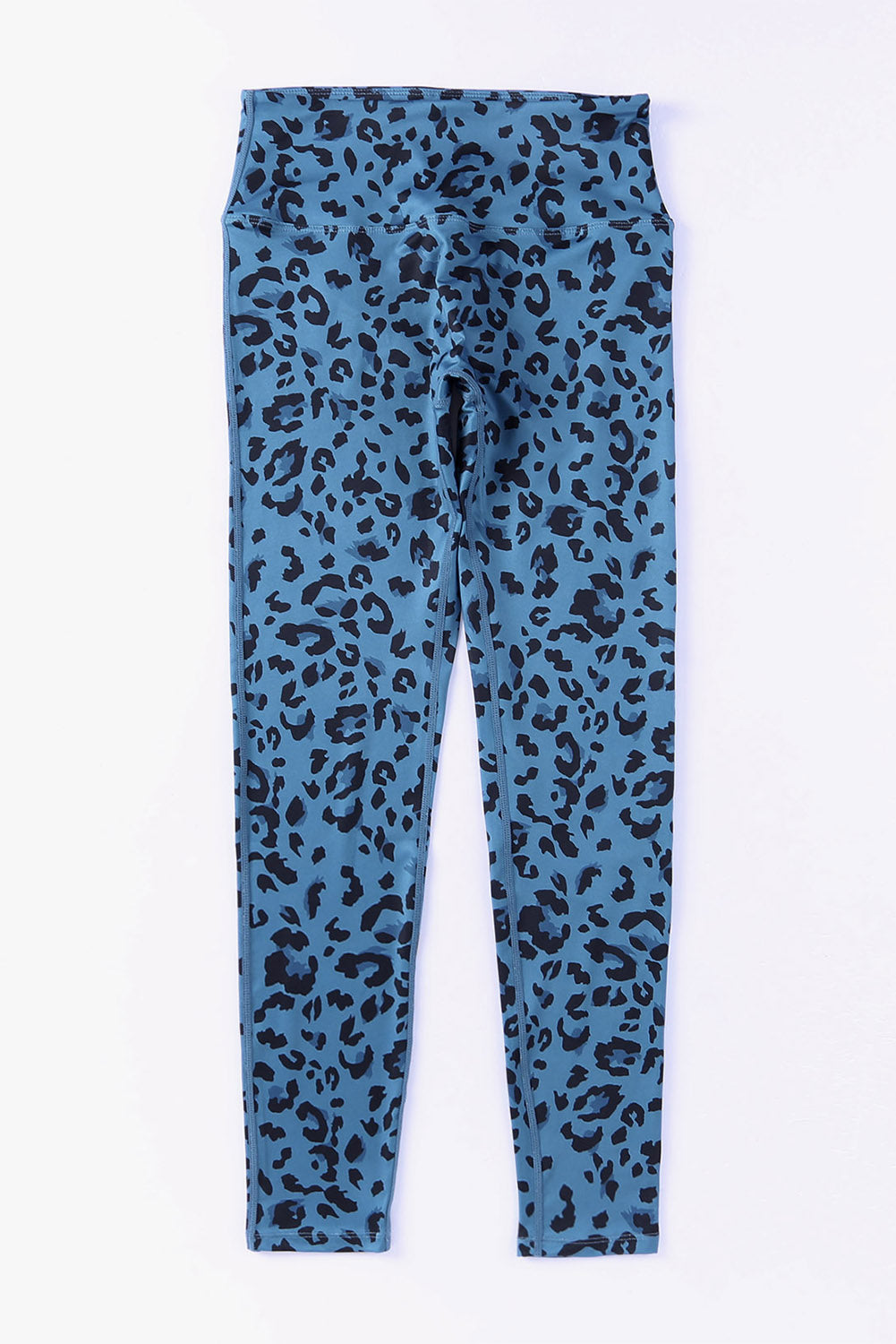 Blue leggings with black leopard print on a white background