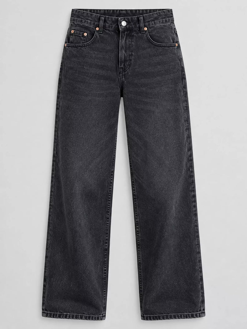 A pair of dark gray washed denim jeans with a straight-leg fit, shown flat against a light gray background.