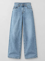 Light blue wide-leg denim jeans shown flat against a neutral light gray background.