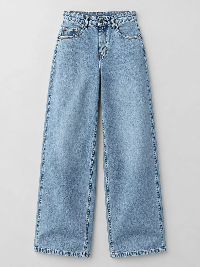 Light blue wide-leg denim jeans shown flat against a neutral light gray background.