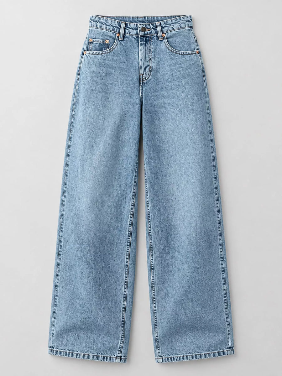 Light blue wide-leg denim jeans shown flat against a neutral light gray background.