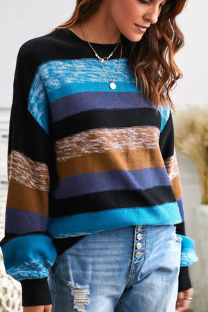 Front view of Contrast Striped Round Neck Drop Shoulder Sweater