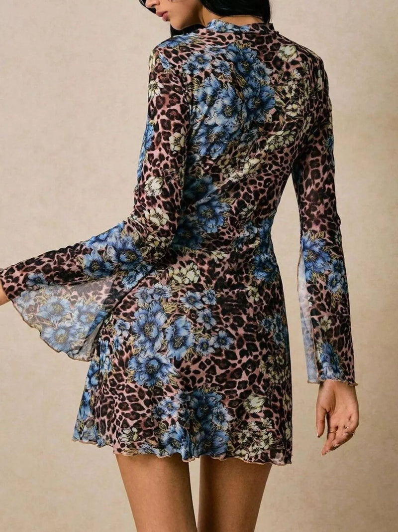Dress with floral and leopard print pattern on a beige background