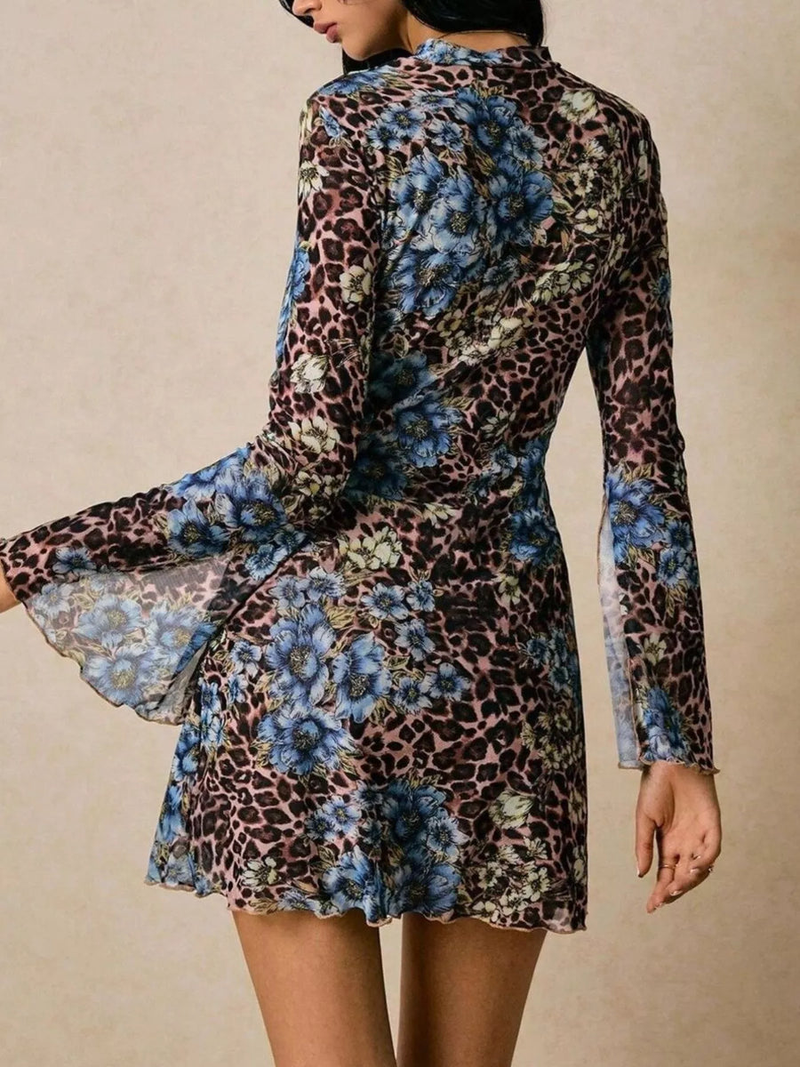 Dress with floral and leopard print pattern on a beige background