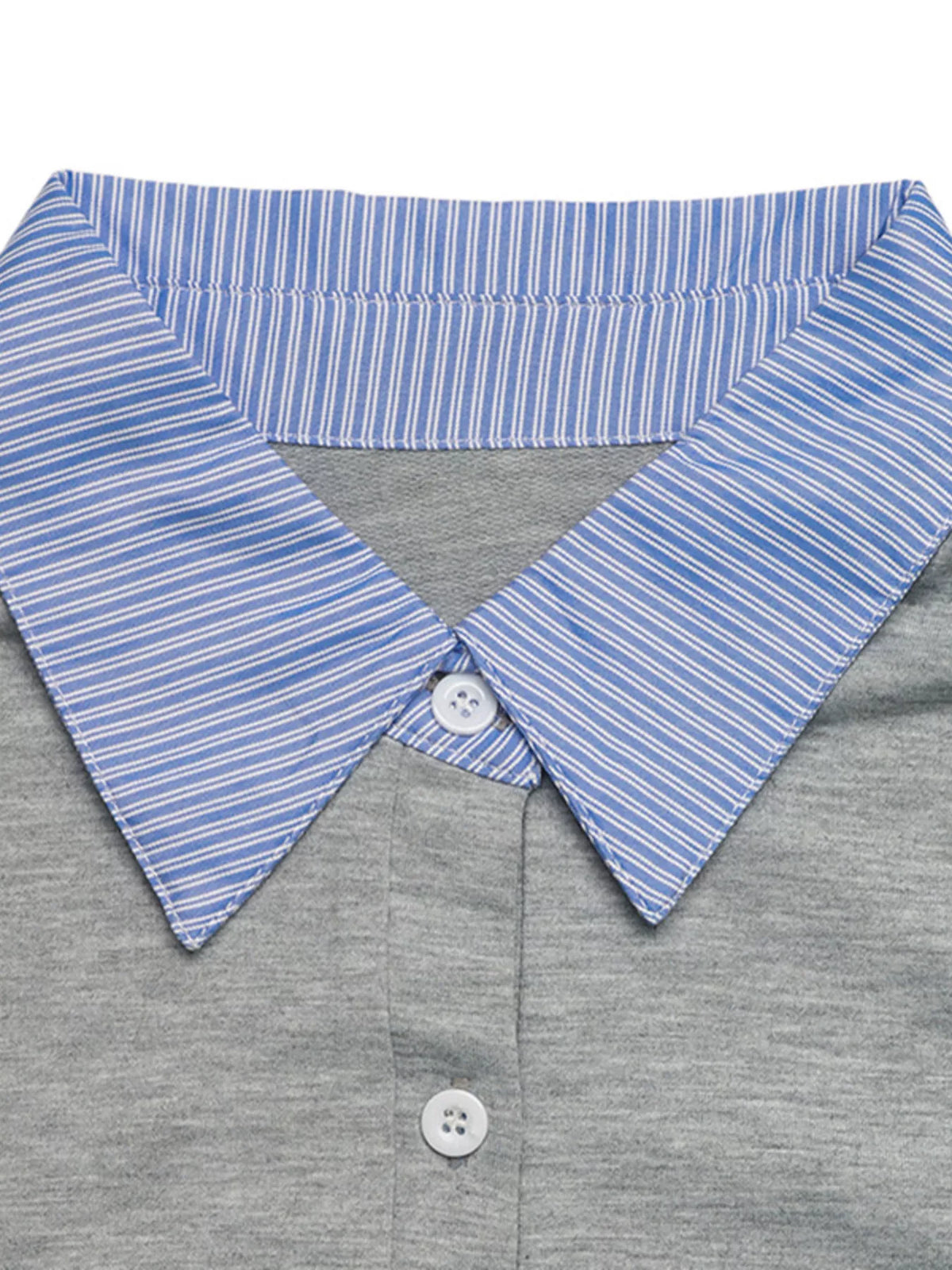 Gray shirt with a blue and white striped collar on a white background