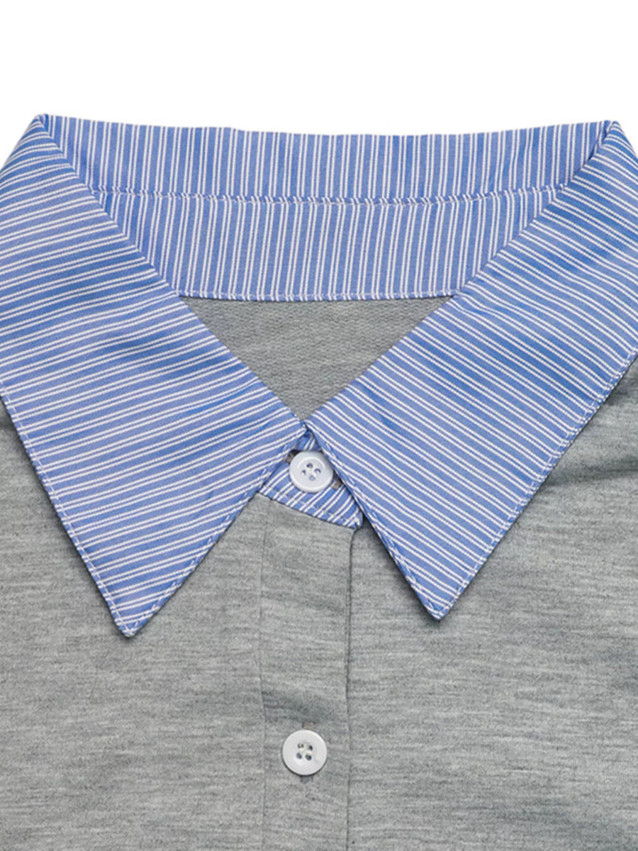 Gray shirt with a blue and white striped collar on a white background