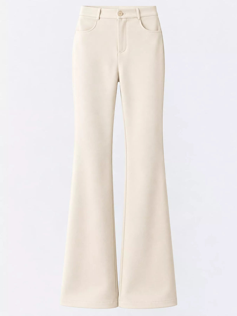 A pair of high-waisted, straight-leg flared pants in a warm cream or off-white color, shown against a plain white background.