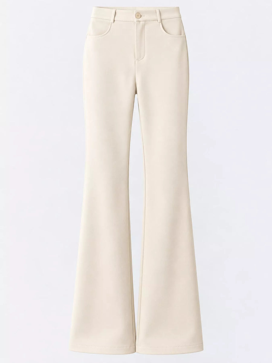 A pair of high-waisted, straight-leg flared pants in a warm cream or off-white color, shown against a plain white background.