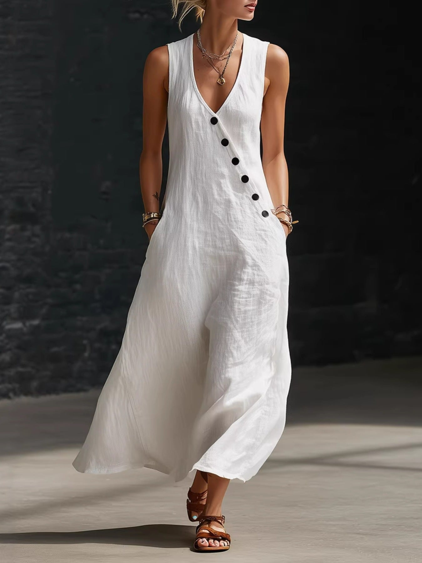 Woman wearing a white sleeveless dress with black buttons against a dark background