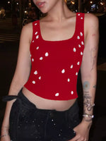 Full view of red Women's Bead Embellished Square Neck Tank