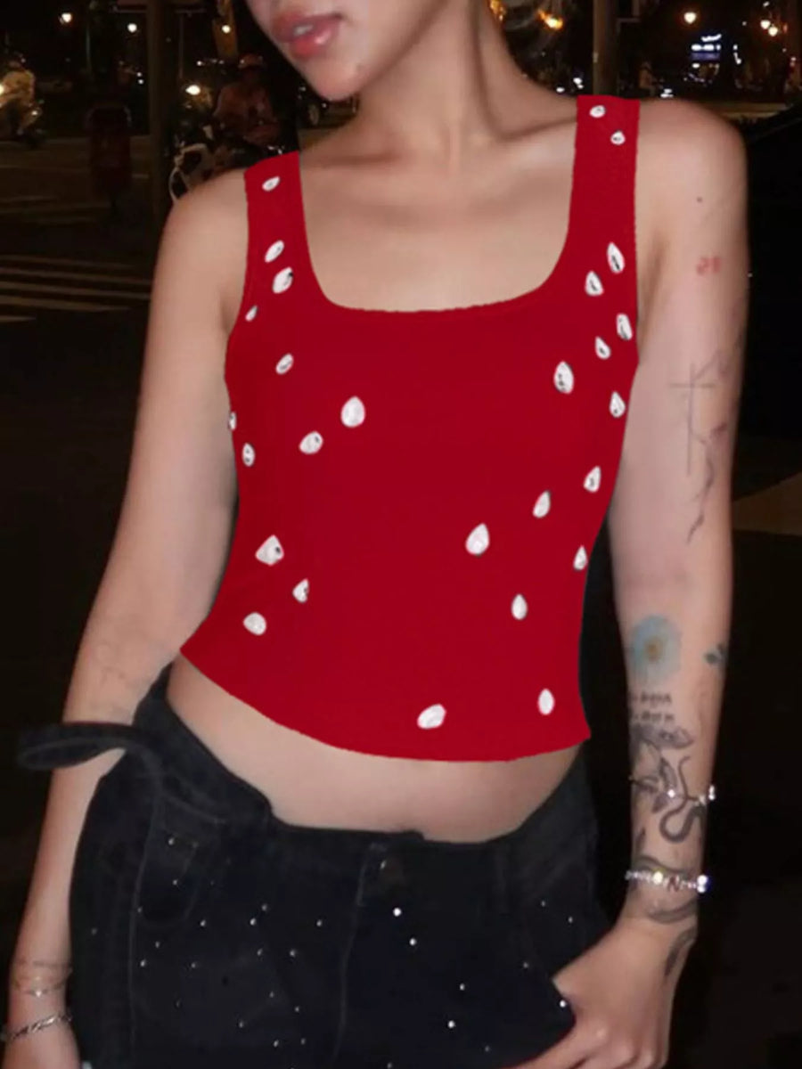 Full view of red Women's Bead Embellished Square Neck Tank