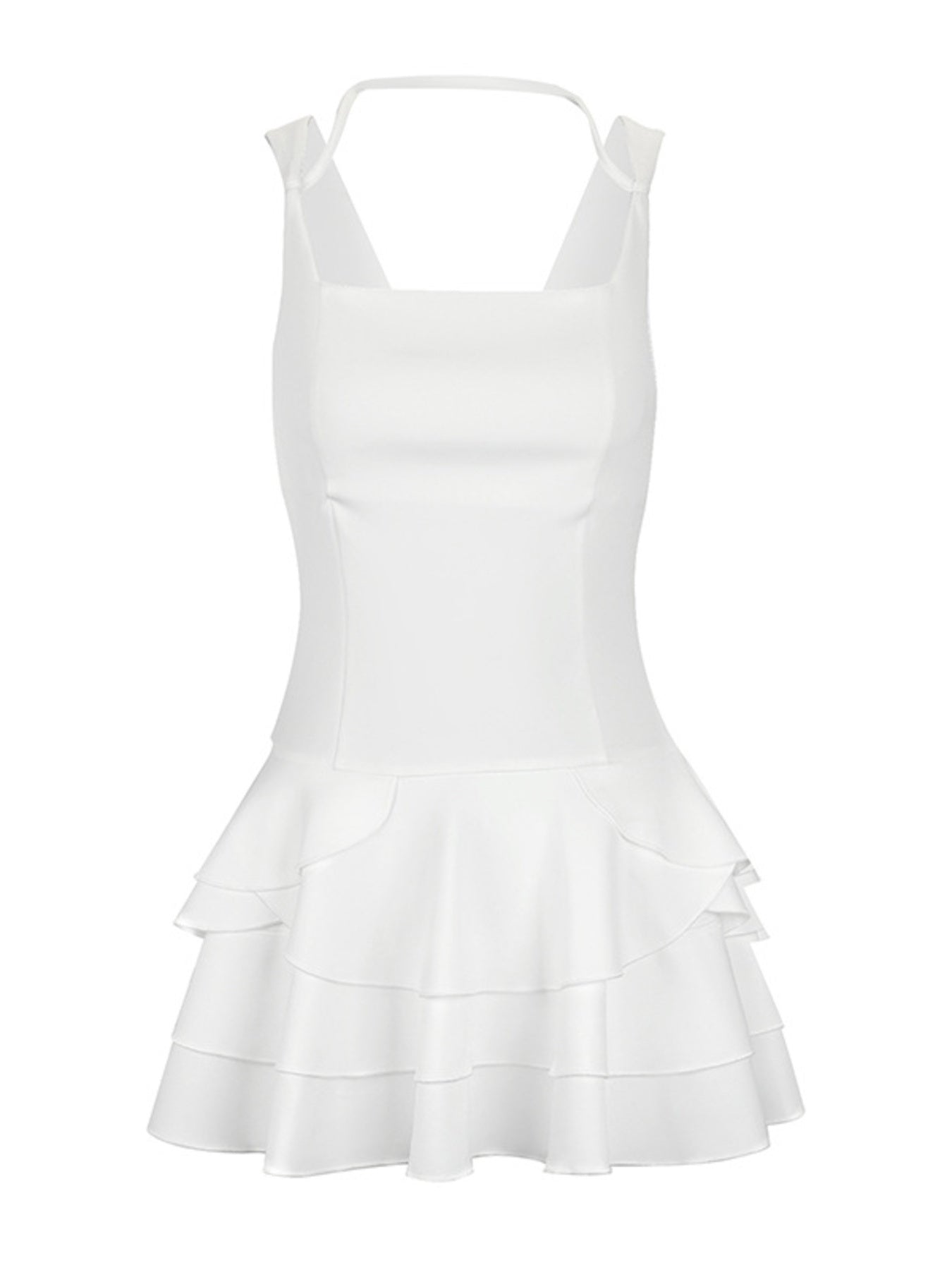 White dress with ruffled layers on a white background