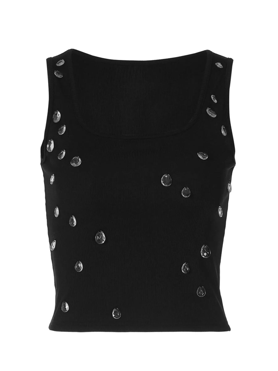 A close up view of black Women's Bead Embellished Square Neck Tank