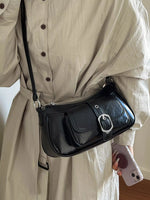 Woman wearing a Buckle Detail Faux Leather Crossbody Bag 