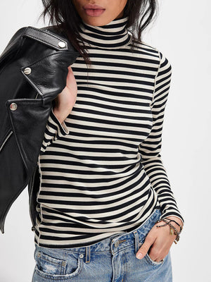 Black Exposed Seam Striped Turtleneck Long Sleeve T-Shirt