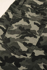 Close-up of camouflage-patterned pants with a pocket detail.
